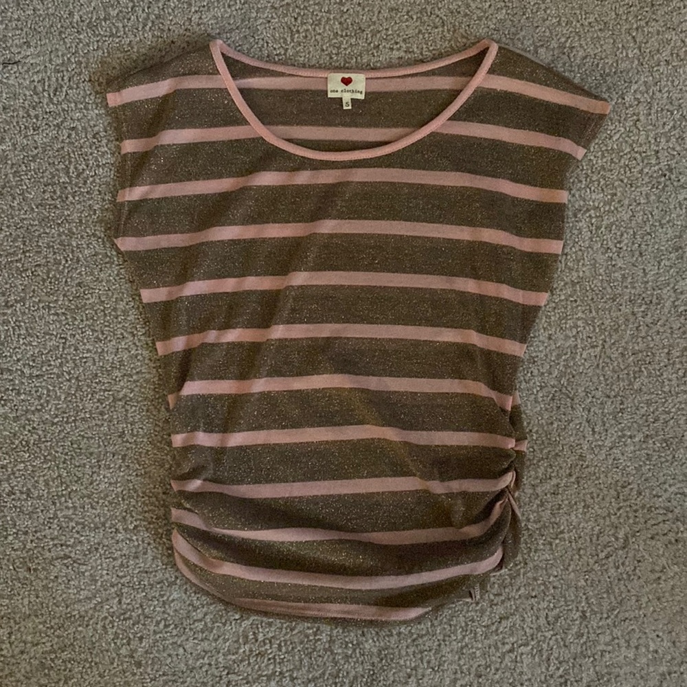 Pink and Brown Striped Top with Gold Sparkle, size small (semi-sheer)
